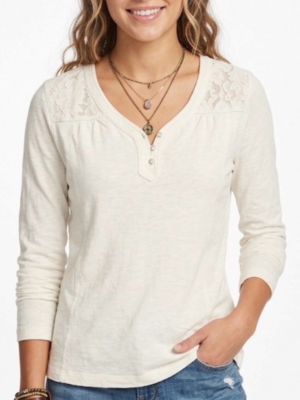 Eddie Bauer Off White 100% Cotton Lace Accent Henley Long Sleeve Top Large